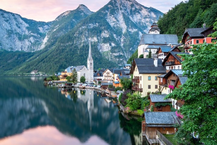 a view of Hallstatt with a mountain in the background