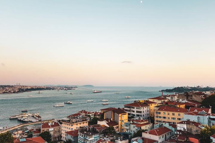 a large body of water with a city in the background